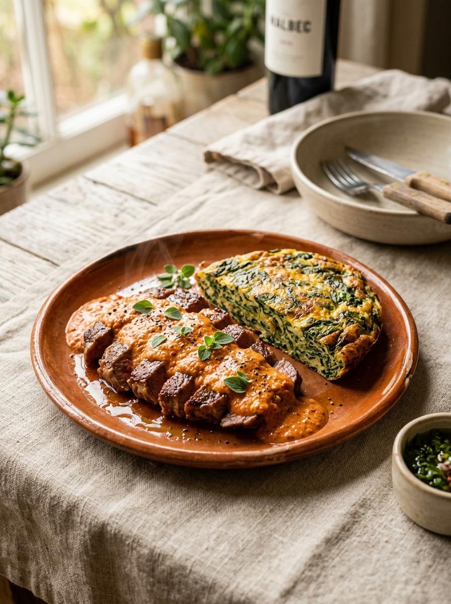 Lomo en salsa de pimienta roja con frittata verde
